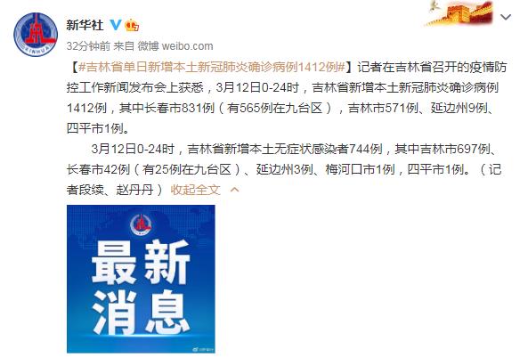吉林省单日新增本土新冠肺炎确诊病例1412例