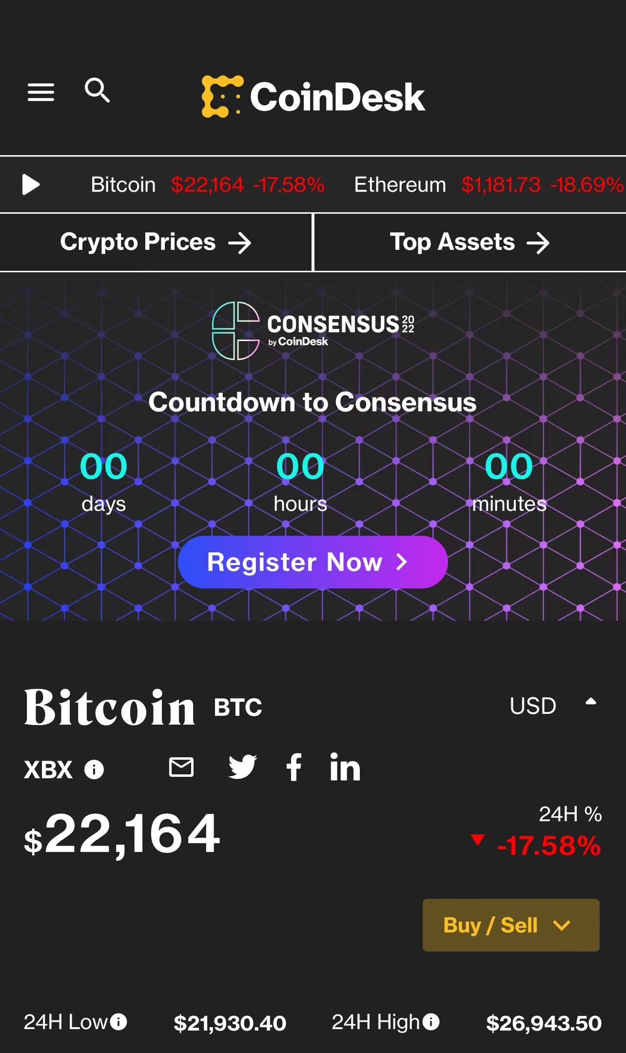 比特币盘中失守22000美元关口