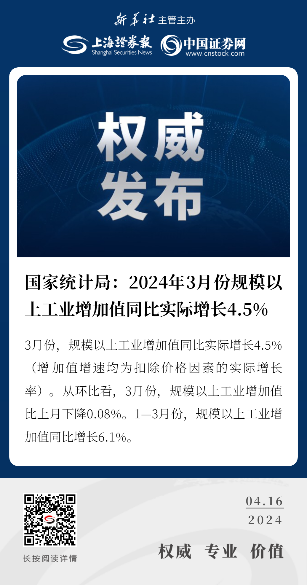 国家统计局：2024年3月份规模以上工业增加值同比实际增长4.5%